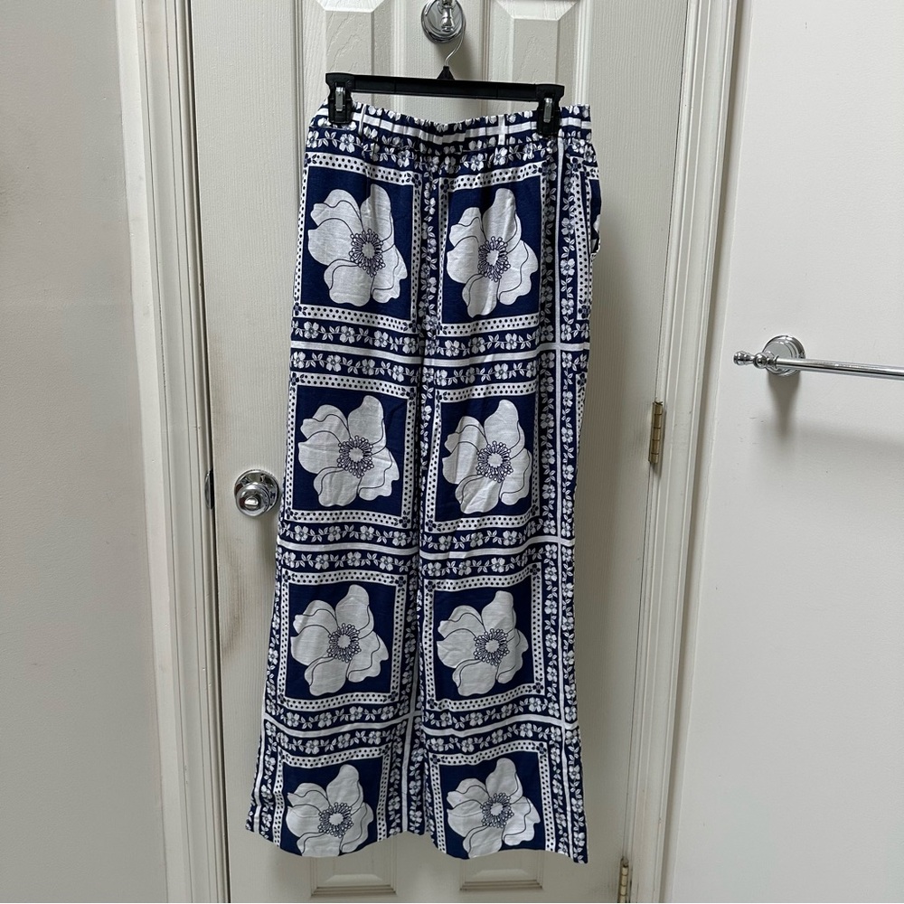 NWT Draper James RSVP Linen Blend Navy White Floral Wide-Leg Pants size Large
